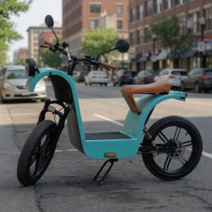 O veículo elétrico Maria Bike estacionado na cidade